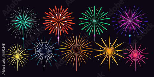 A vector collection showcasing  fireworks in various colors, isolated on a black background. Festival & Celebration Graphic Set”