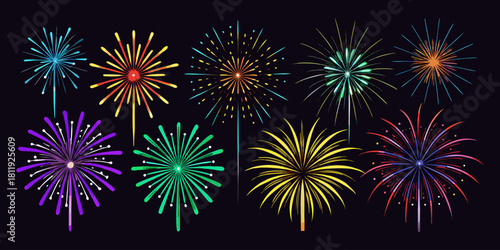 A vector collection showcasing  fireworks in various colors, isolated on a black background. Festival & Celebration Graphic Set”