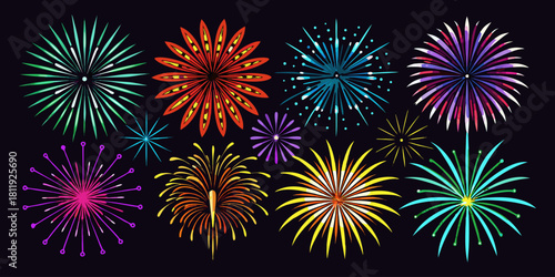 A vector collection showcasing  fireworks in various colors, isolated on a black background. Festival & Celebration Graphic Set”