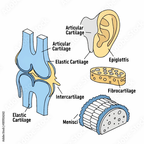 Detailed illustration of different types of human cartilage and their locations in the body.