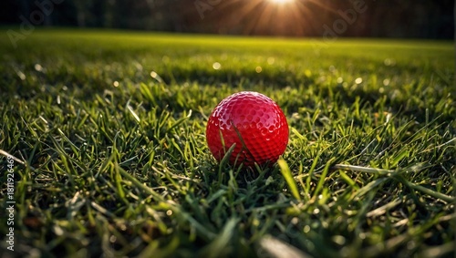 A red golf ball on the grass.