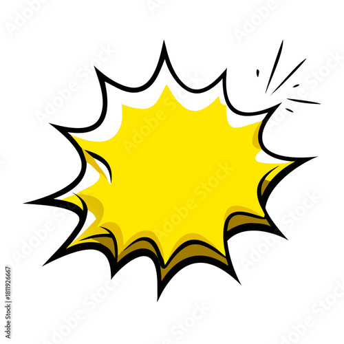 Yellow comic explosion bubble with black outline, blank starburst burst pop art speech shape template, cartoon explosion blast, retro style comic frame for text, design element isolated white back