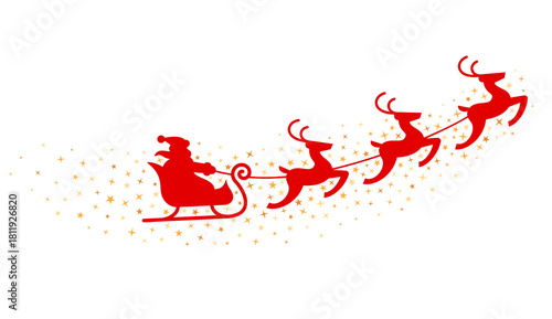 Merry Christmas banner. Silhouette Santa Claus in sleigh with deers flying on stars background. Design elements for decoration holiday poster, flyer, greeting card. Cartoon style. Vector illustration