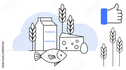 Agricultural and food industry concept. Agricultural products thumbs up dairy, fish, and grain sustainability in the food industry. Agricultural growth and food security are key . For agriculture
