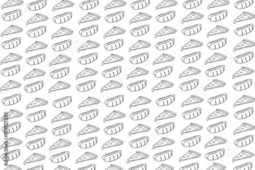 Seamless pattern of pizza slices and hotdogs in clean line art style, arranged in a playful repetitive layout for food packaging, backgrounds, and snack-themed designs.
