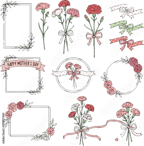Mother's Day carnation and simple line drawing illustration frame set, flowers, ribbons, decorative frames vector artwith white background