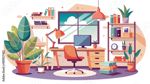 Cozy home office with plants and books