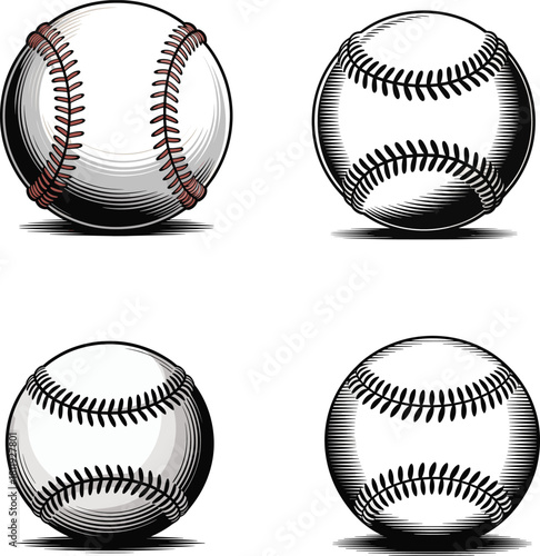 Vintage Engraving Style Baseball Ball Vector Illustration Set: Detailed Realistic Sketch Design for Sports Game, Classic Equipment, and Team Logos