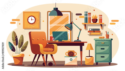 Cozy home office setup with desk chair and computer illustration