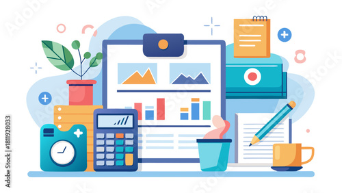 Business and finance workspace with charts and calculator