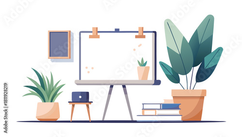 Modern home office setup with plants and whiteboard