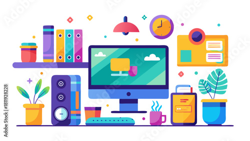 Modern colorful flat design home office setup with computer and plants