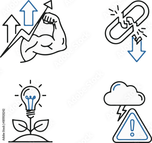 Flat line art business concept icons with blue accents.
