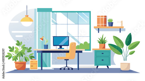 Modern home office with computer desk and plants