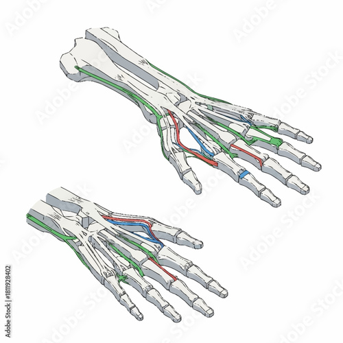 Anatomical Illustration of the Human Hand Skeletal and Vascular System.