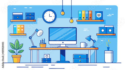 Modern flat design home office setup with computer and shelves