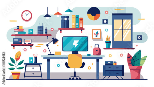 Modern flat design home office workspace with computer and plants