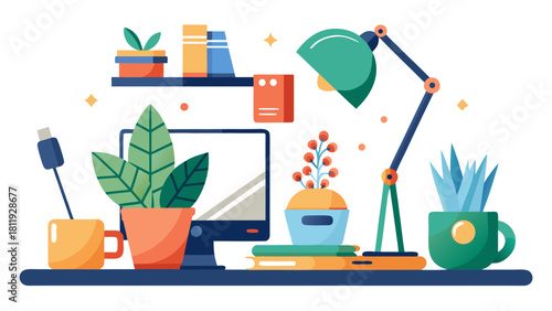Modern desk setup with plants and computer illustration
