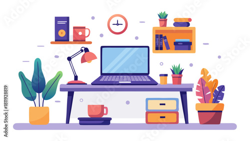 Modern home office desk setup with laptop and plants