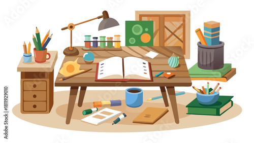 Creative workspace with art supplies and books