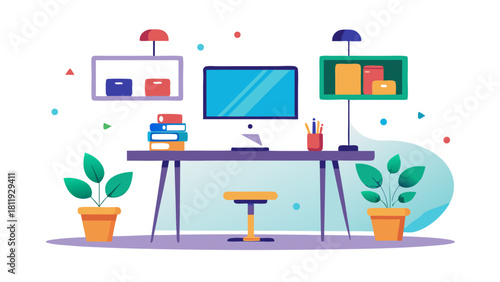 Modern home office setup with computer and plants