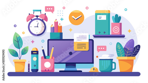 Colorful flat design workspace with desk items and plants