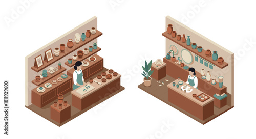Artists sculpting and painting in studio with busts and easels in isometric art style