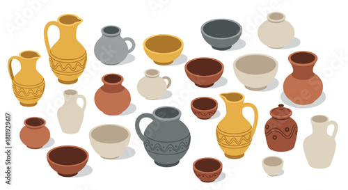 Isometric ceramic pottery collection with various colors and shapes