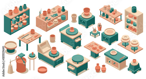 Isometric pottery workshop scenes crafting, sculpting, and glazing