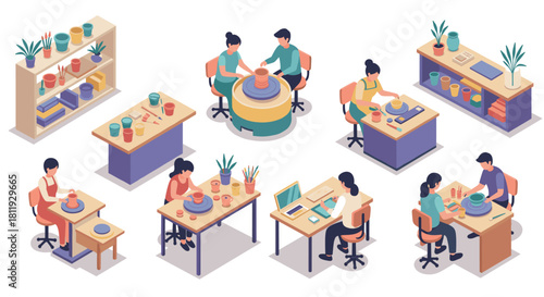 Collection of isometric construction vehicles including excavators and bulldozer