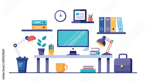 Modern flat design home office workspace with computer and supplies