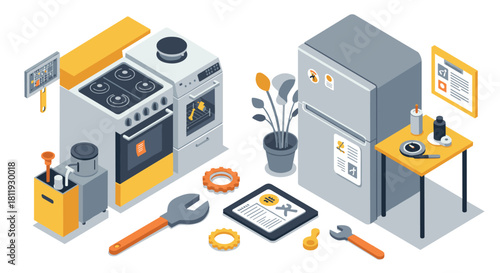 Isometric art studio with artists sculpting and painting busts in creative workspace