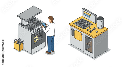 Creative art class isometric design featuring students sculpting and painting in studio