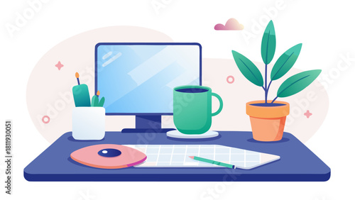 Modern and cozy home office setup with desktop computer and plant