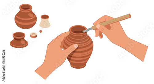 Isometric technician repairing air conditioning unit with tools