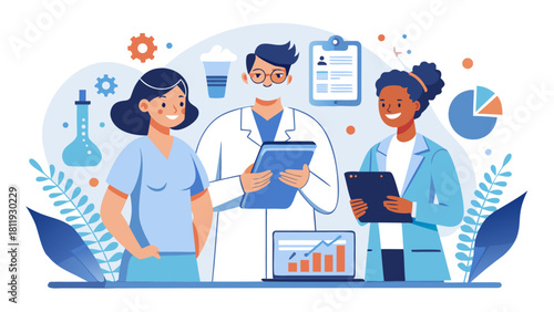 Diverse medical team collaborating on research and data analysis