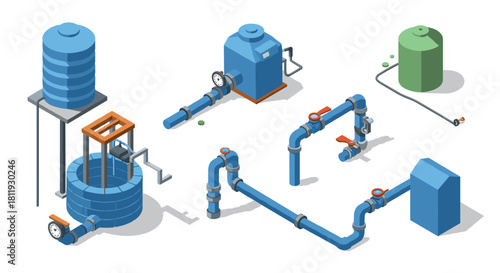 Isometric construction barriers and traffic elements in orange and yellow