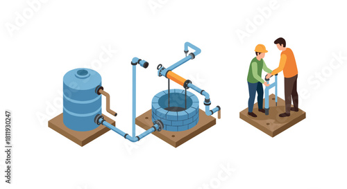 Road safety equipment display with traffic cones and barrier in isometric design