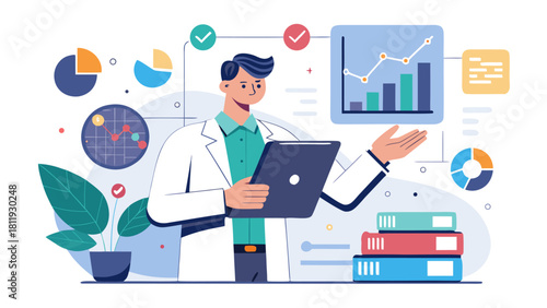 Scientist analyzing data and charts with tablet and books