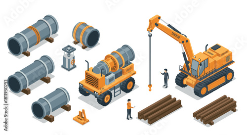 Isometric construction site with excavators and safety cones