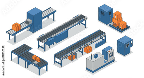 Isometric warehouse conveyor system with boxes and machines in blue and orange