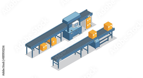 Isometric conveyor belt system with cardboard boxes