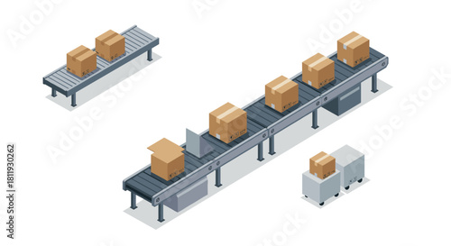 Isometric conveyor belt with boxes in warehouse setting