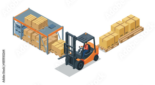 Isometric warehouse logistics with forklift and pallet boxes