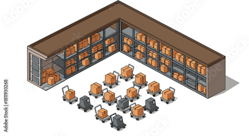 Isometric warehouse with boxes on shelves and carts