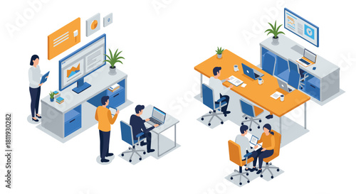 Modern office teamwork and collaboration scene in isometric style