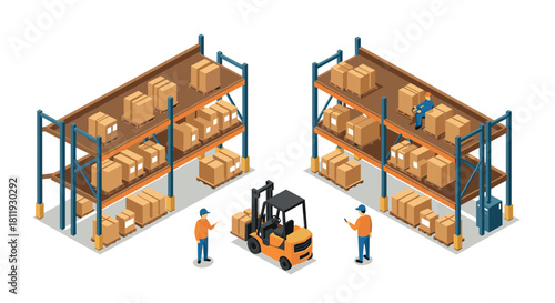 Warehouse logistics with forklift and workers in isometric style