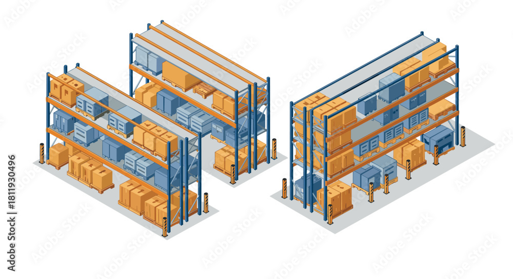 Obraz premium Warehouse shelves filled with boxes in isometric style