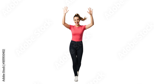 Cheerful young woman in casual clothes jumping with raised hands isolated on transparent background full length studio shot of happy girl