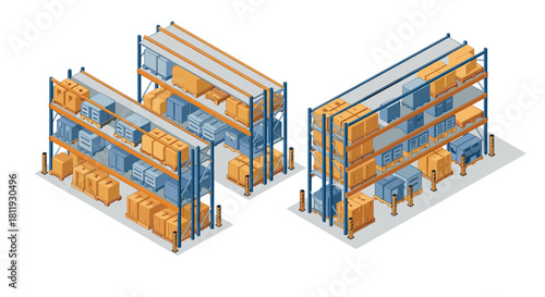 Warehouse shelves filled with boxes in isometric style